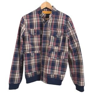 Hawkins McGill Plaid Bomber Jacket Men's Button Down Utility Pockets Blue Red